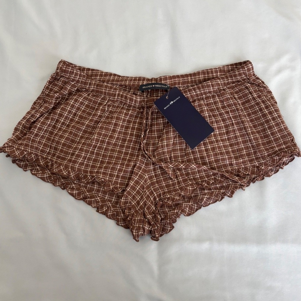 Brandy Melville Pajama Shorts Womens One Size Brown Plaid Ruffle Hem